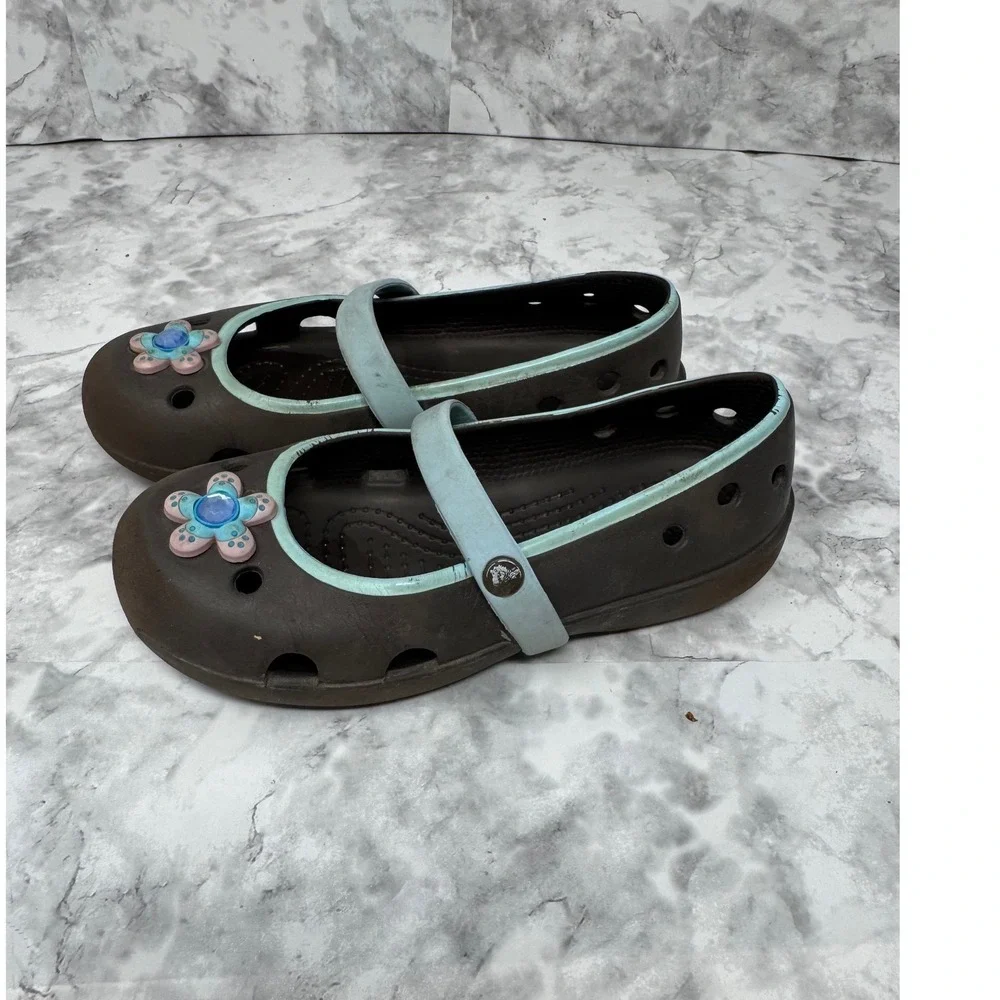 Crocs Mary Jane 💙Brown Blue‎ Flower Jibbitz Girls Youth Size 12 Clog Shoes